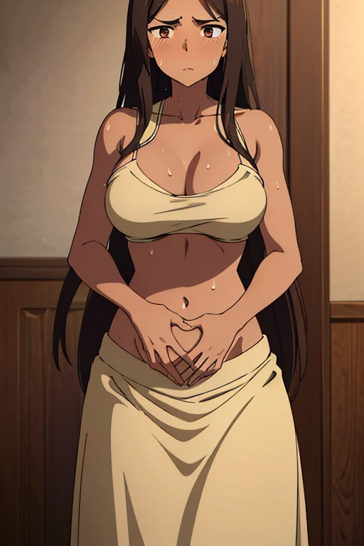 ((best quality)), ((masterpiece)), (detailed), perfect face, brown skin anime woman in a deep V Neck buttoned top, (bare shoulders), (long skirt), famished in hunger, (gently resting hands on stomach), (long hair), (hands on her stomach), (slim woman), (fit woman), (healthy woman), (embarrassed expression), (sweaty)