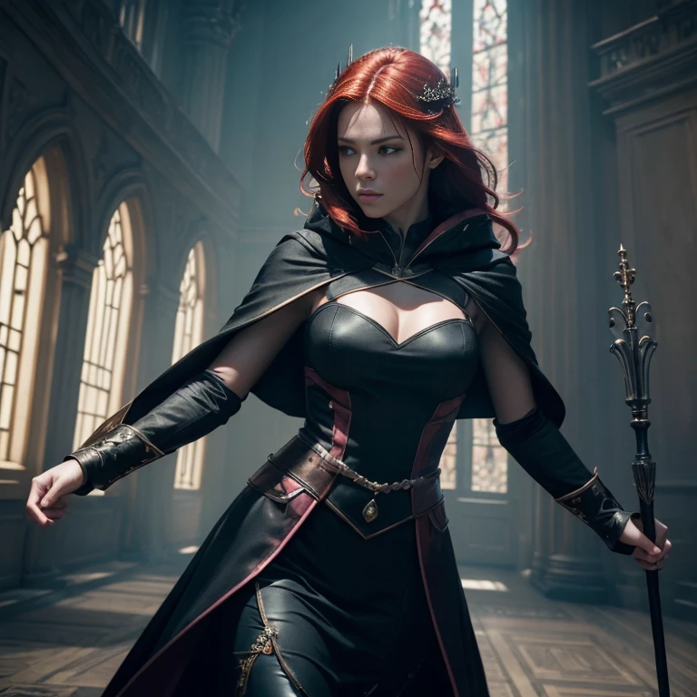 (master piece:1.5), (best quality:1.5), (exquisite lighting and shadow, highly dramatic picture, cinematic lens effect) (Photorealistic picture) (Card game image) 8k, wallpaper, dynamic pose, full body red hair magician lady with futuristic black tunic with pink ornaments, short black cape, pointy hooded tunic, long staff with blue magic, night, on a field with castle at the distance, ethereal lighting, sharp focus, highly detailed, realistic, cinematic lighting, studio quality