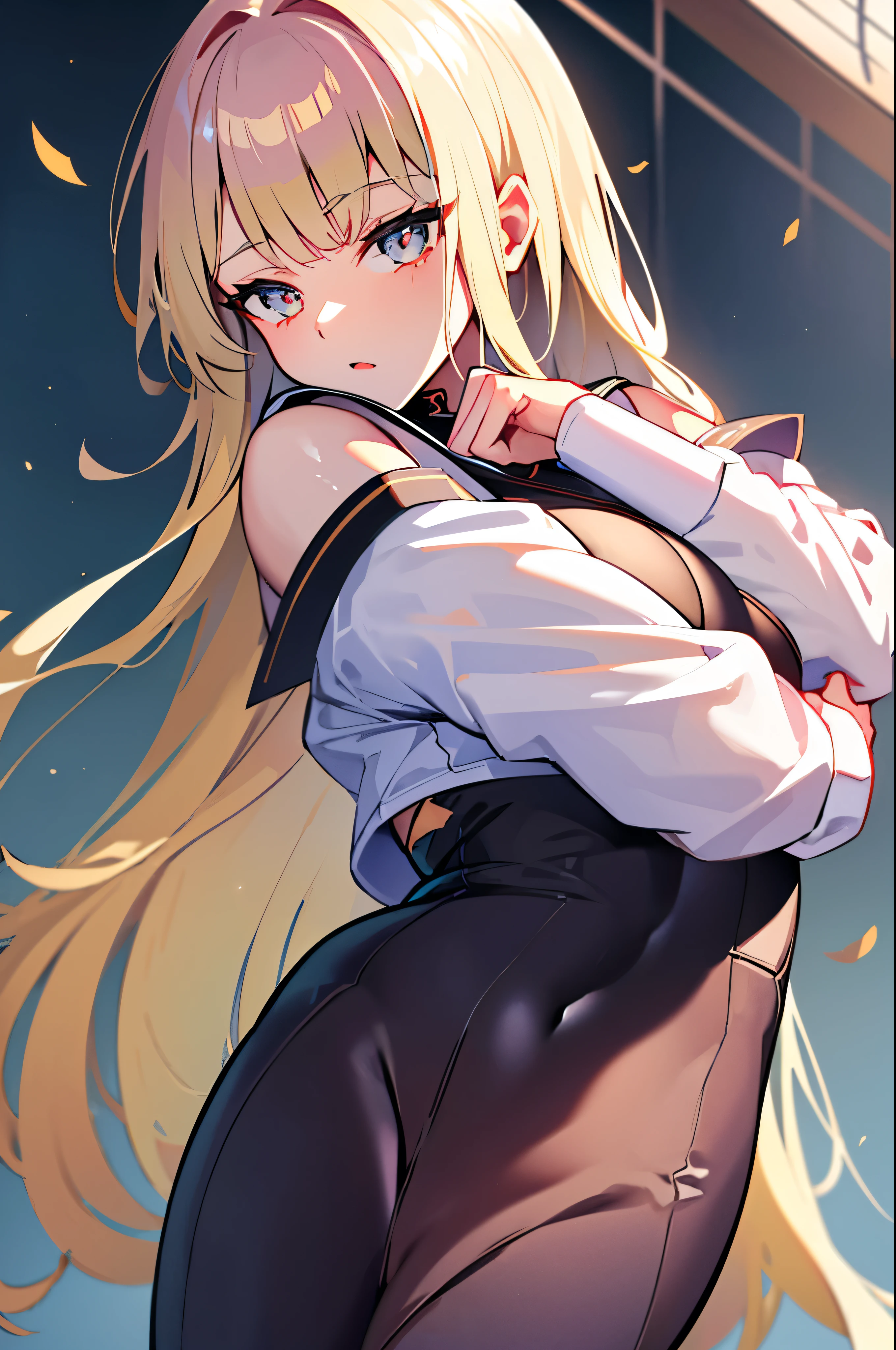 (Very detailed CG Unity 8k wallpaper),(masterpiece),(highest quality),(Very detailed),(Best illustrations),(Best Shadow),(Absurd), alone、One Girl、High 、Short sleeve shirt、White shirt、Outdoor,High School Background,Blurred Background、yEvening、Big Breasts、Blonde,Messy wavy long hair、School zone、Returning Home、Shiny skin、Shiny texture
