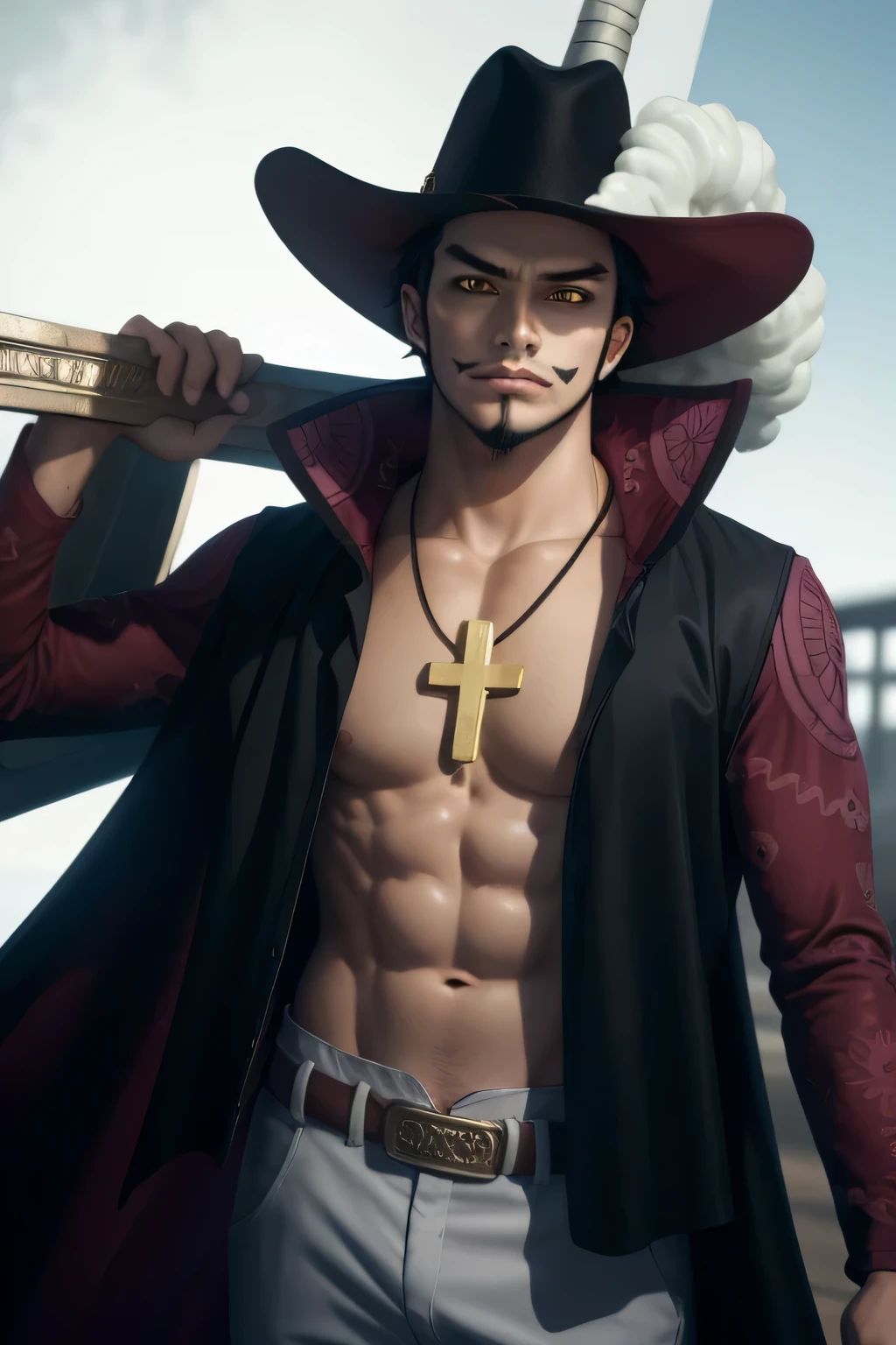 Detail face, detail clothes, perfect face, upper body, realistic skin, detail skin,head tilt,sidelighting,
(straight-on:1.1), looking at viewer,standing,upper body, facing viewer,
ANIME_OP_dracule_mihawk_ownwaifu,www.ownwaifu.com,
facial hair,beard,abs,black hair,yellow eyes,mustache,muscular,pectorals,goatee,long sideburns,sideburns,short hair,spiked hair,manly,toned,stubble,thick_eyebrows,
hat,jewelry,necklace,belt,coat,pants,open clothes,cross,pirate hat,cross necklace,cape,open coat,bare pectorals,black headwear,fur trim,latin cross,long coat,navel,jacket,open_jacket,topless male,hat_feather,white_pants,
BREAK, masterpiece,best quality,ultra detailed, 8k, perfect lighting,highly detailed, scenery,pose,solo,looking at viewer,