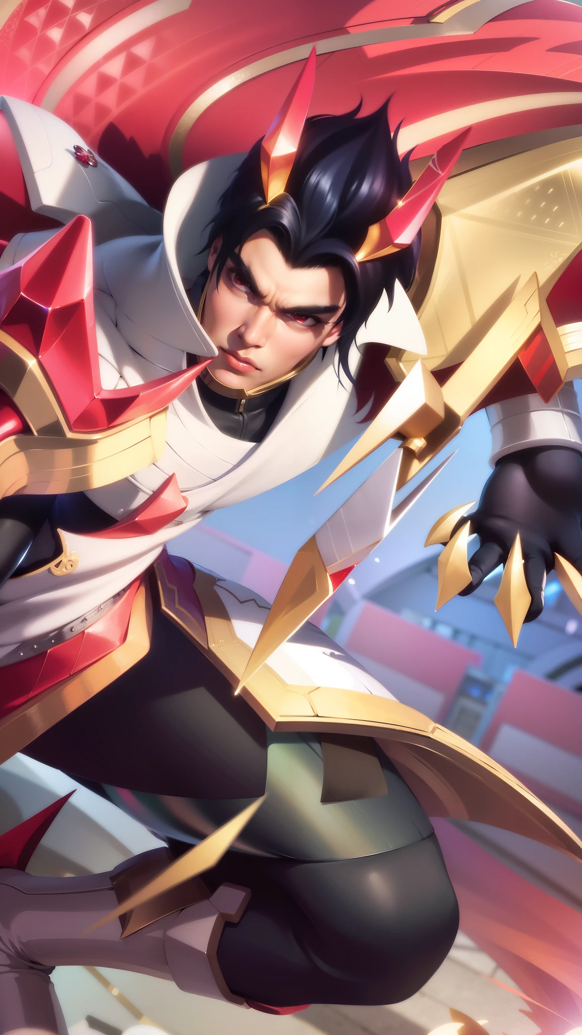 a close up of a guy with a sword and a red cape, son of sparda, handsome guy in demon slayer art, Best quality, masterpiece, detailed skin texture, detailed clothes texture, detailed face, super detail, 8k, intricate detail, The color doesn't change, Muscle guy, 1 guy, red eyes.