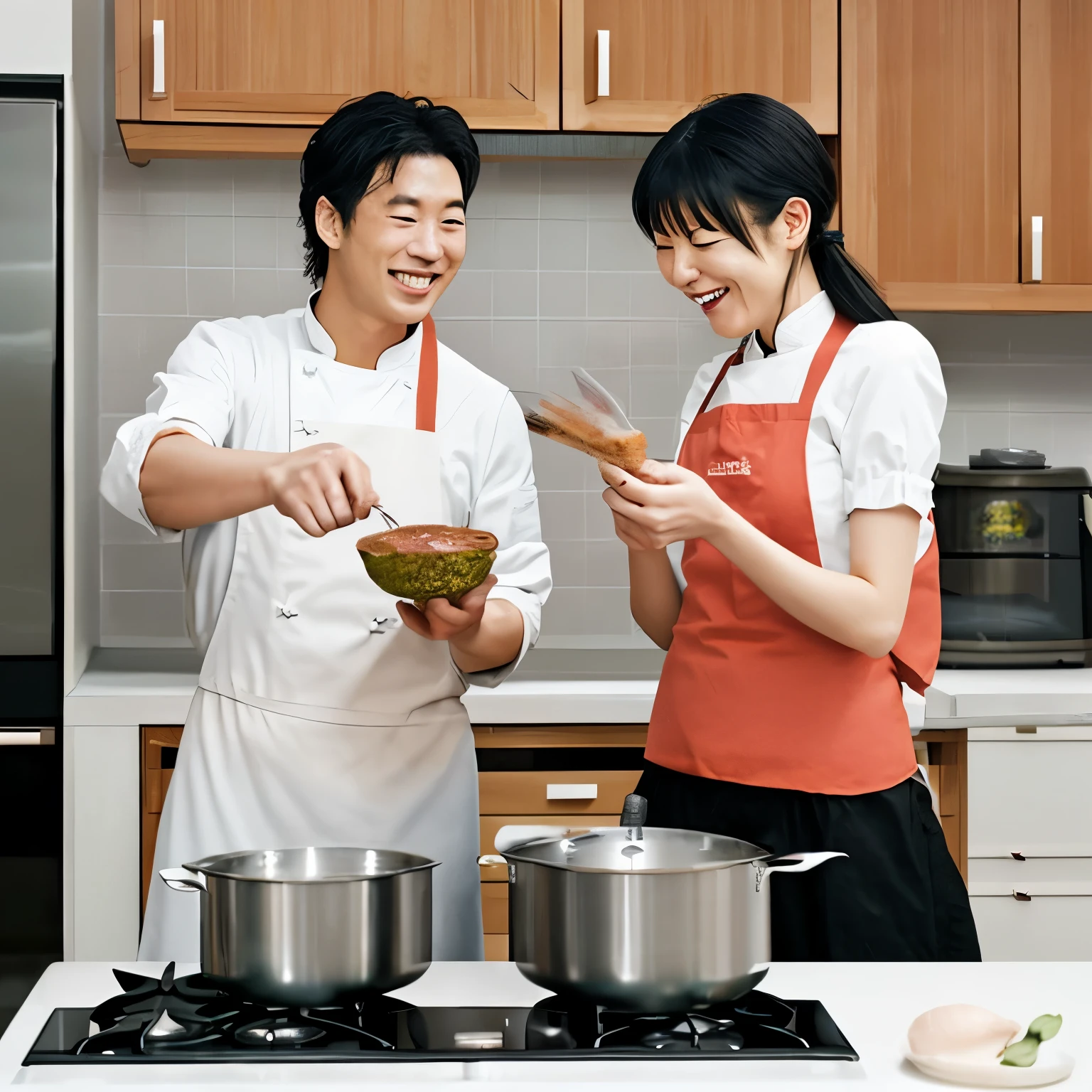best qualtiy、masterpiece、fidelity:1.3、超A high resolution、(Photorealsitic:1.4)、Man and woman hugging each other in the kitchen(Bigger for women:1.5、the man is on a((shoun)))、1 Most Beautiful Mature Woman in Japan(Obscene big breasts:1.4、Wearing an apron)、1 Boy with a Cute Face(shortsleeves)The ultra -The high-definition、