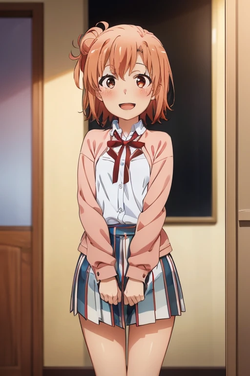 ((highest quality)), ((masterpiece)), (be familiar with), Perfect Face, indoor, Bedroom, Watching the audience,
One woman, Yuigahama Yui,
Open Mouth, Ecstatic expression, blush, smile,
Small breasts, Flat Chest, Young Girl, , , Girl,
Short Hair, Salmon-colored hair, Salmon-colored eyes, Side Pony,
Leg spread,