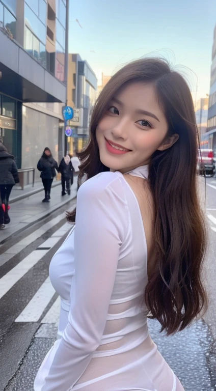 ((best qualtiy, 8k, tmasterpiece:1.3)), Focus:1.2, perfect figure beautiful woman:1.4, Cocked buttocks:1.2, ((long whitr hair)), (wetclothes:1.1) , (Rain, Street:1.3), pink tube top:1.1, Highly detailed facial and skin texture, Detailed eyes, double eyelid,Cocked buttocks,Whiten skin,ssmile,underdressing