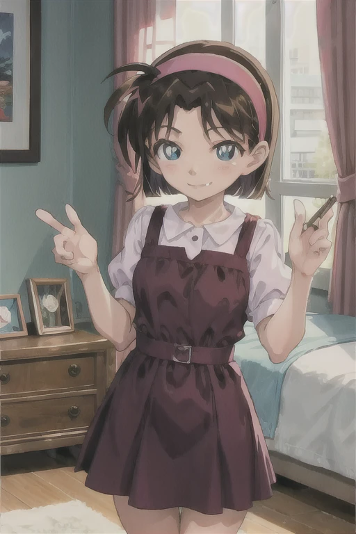 ayumiyoshida, girl, blue eyes, short hair, brown hair, bangs, hairband, short dress, smile, standing, bedroom 