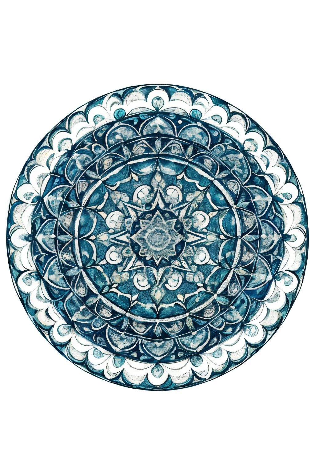 Um desenho de uma mandala com linhas em dois tons de azul, com arabescos, palm trees and jaguar, tudo pintado de forma suave com aquarela, em fundo todo branco. Adicione palm trees and jaguars