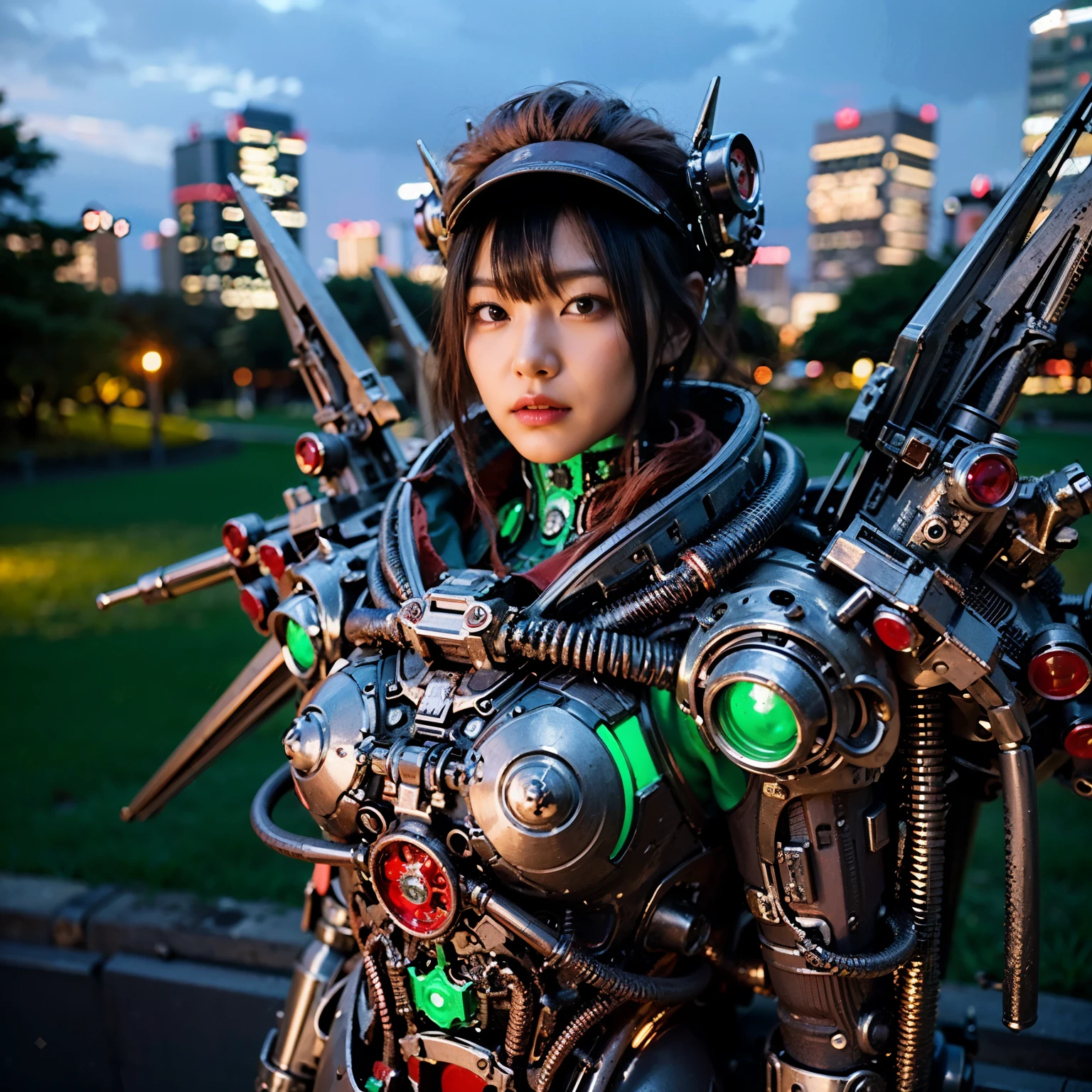 Masterpiece, (ultimate quality:1.2), 8k, Japanese woman in scorpion-type powered suit, silver base with green and red accents, very beautiful face, mechanical, (mechanical bat wings), hydraulic cylinder, power pipe, ultimately intricate details, full body shot, (ultimate photo Realistic:1.37), Park with a beautiful view at night, (Steampunk: 1.2), (Cyberpunk), Full body photo, Wide-angle shot,
