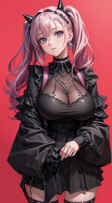 (highest quality, masterpiece, Very detailed, 32k:1.2), Simple lines, Anime Style, Pastel Goth Punk Girl, Perfect body, ((Huge breasts)), Wide Hips, choker, chain, spike, Dark Background, Vibrant