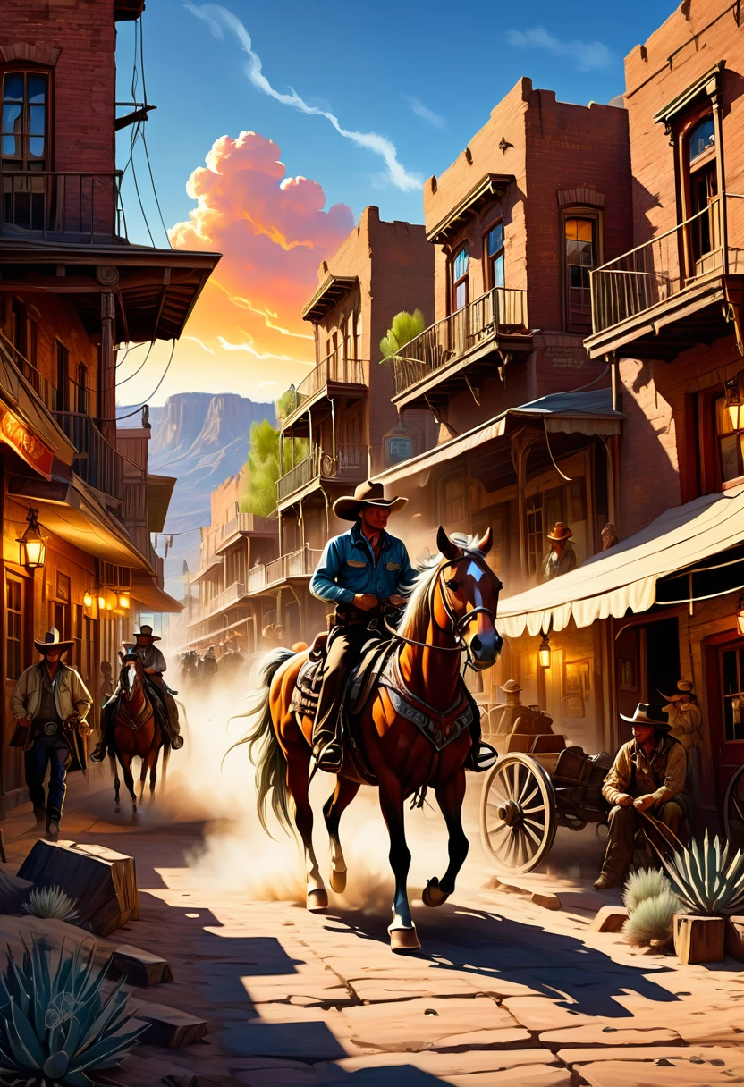 (hyper-detailed,ultra-realistic:1.2),(best quality,8k,masterpiece:1.2),old,western city in the US,people from that era,vibrant colors,vivid landscapes,sunset lighting,authentic costumes,authentic architecture,wide-angle perspective,dust particles in the air,detailed facial expressions,weathered buildings,rich textures,stunning horseback riders,hitching posts,pieces of hay,rugged cowboys,stagecoaches,distant mountains,cobblestone streets,cactus plants and tumbleweeds,wooden saloons with swinging doors,dramatic shadows and highlights,clouds of dust raised by horse hooves,action-packed scenes,historical accuracy,photorealistic portraits of main characters,intricate beadwork and embroidery on clothing,expressive eyes and facial features,strong sunlight casting long shadows,authentic weaponry,barrels of whiskey,Wanted posters on the walls,sunlit alleyways,authentic horse-drawn wagons,horse stable with horses tethered outside,spectacular sunsets over the prairie,authentic Native American presence,campfires with cowboys sitting around,tumbleweed rolling across the street,authentic Western props,cowboy hats and boots,duels and shootouts in the main square,cowboys herding cattle in the distance,vibrant red rocks and canyons in the background,authentic Western storefronts with signs hanging above,old-fashioned market with vendors selling goods,ghost town with abandoned buildings,authentic Western showdown,scenic overlook with breathtaking panoramic view,lively atmosphere with bustling streets,entertainment with live music and dancing,authentic Western bar with swinging wooden doors,authentic Western saloon with poker tables and card players,horse-drawn carriages,steam locomotive in the distance,billboards and advertisements for traveling circuses,authentic Western sheriff's office with jail cells,authentic Native American tipis on the outskirts of town,portraits of legendary outlaws hanging in the local bank,authentic Western bank robbery scene,cowboy hats casting shadows on 