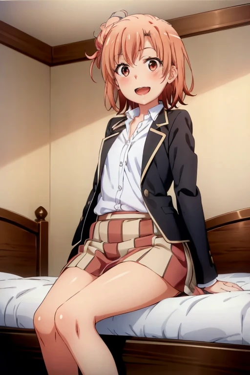 ((highest quality)), ((masterpiece)), (be familiar with), Perfect Face, indoor, Bedroom, Watching the audience,
One woman, Yuigahama Yui,
Open Mouth, Ecstatic expression, blush, smile,
Small breasts, Flat Chest, Young Girl, , , Girl,
Short Hair, Salmon-colored hair, Salmon-colored eyes, Side Pony,
Leg spread,