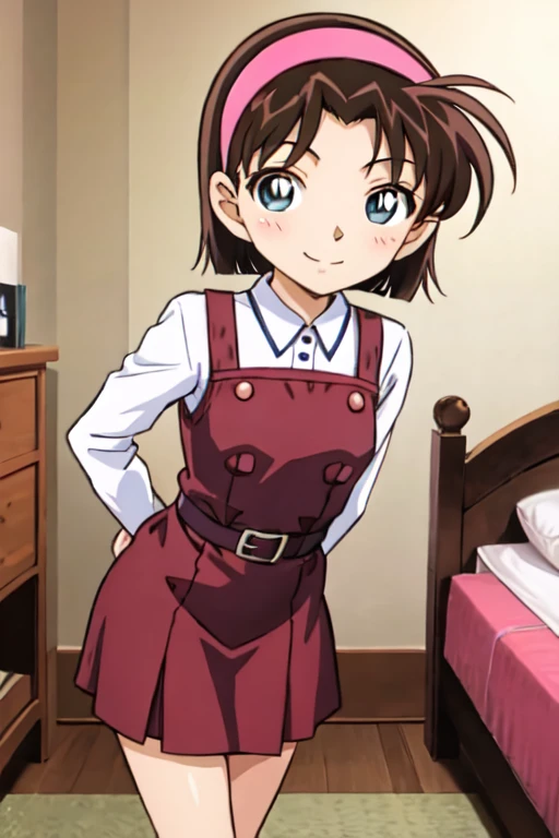 ayumiyoshida, blue eyes, short hair, brown hair, bangs, hairband, short dress, smile, standing, bedroom 