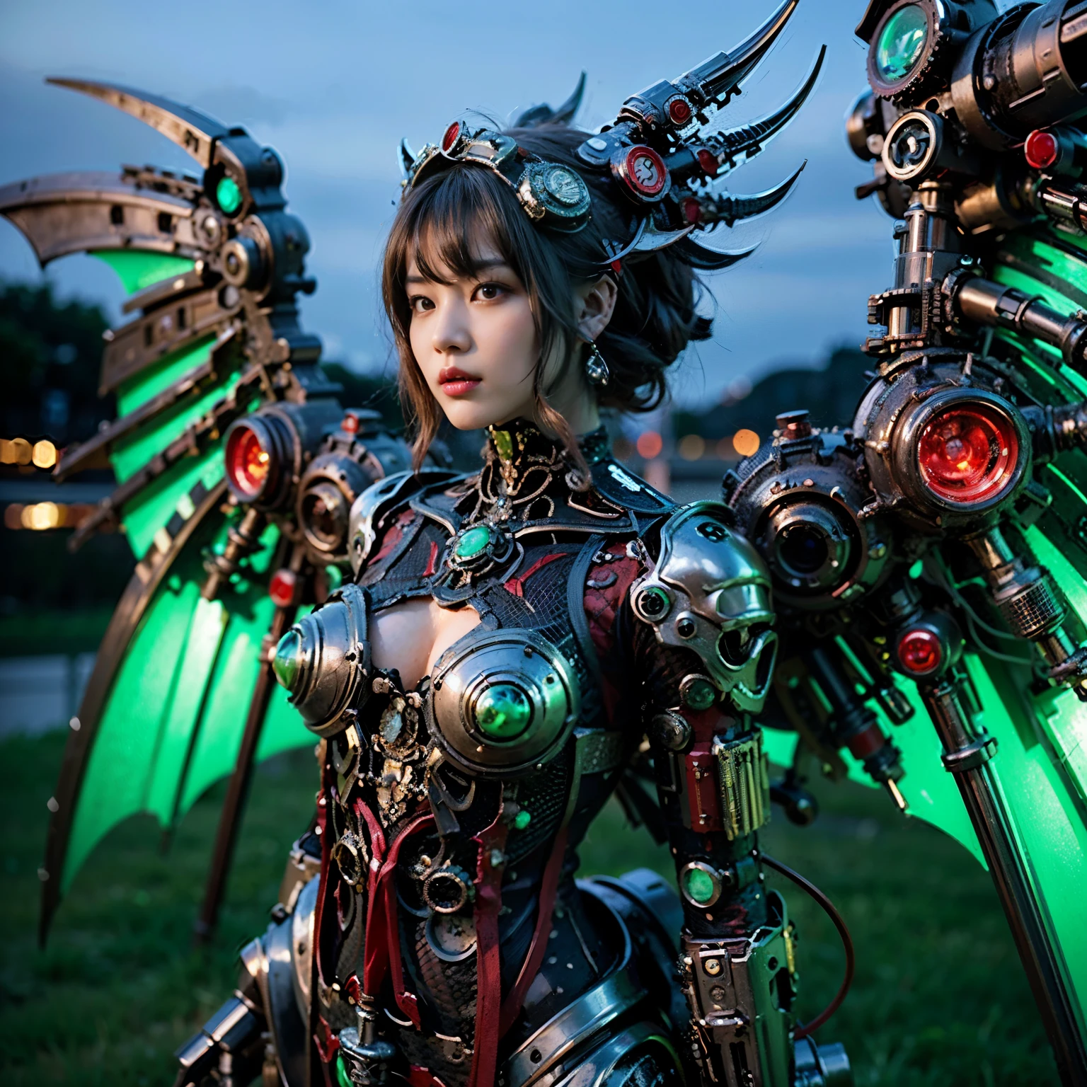 Masterpiece, (ultimate quality:1.2), 8k, Japanese woman in scorpion-type powered suit, silver base with green and red accents, very beautiful face, mechanical, (mechanical bat wings), hydraulic cylinder, power pipe, ultimately intricate details, full body shot, (ultimate photo Realistic:1.37), Park with a beautiful view at night, (Steampunk: 1.2), (Cyberpunk), Full body photo, Wide-angle shot,