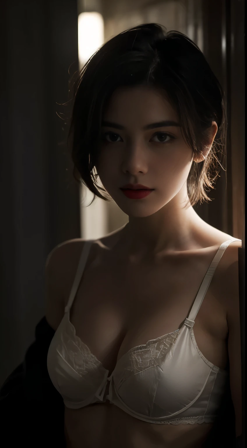Best quality, masterpiece, ultra high res, (photorealistic:1.5), raw photo, 1girl, offshoulder, in the dark, deep shadow, low key, cold light, sexy look, short hair, bra strap