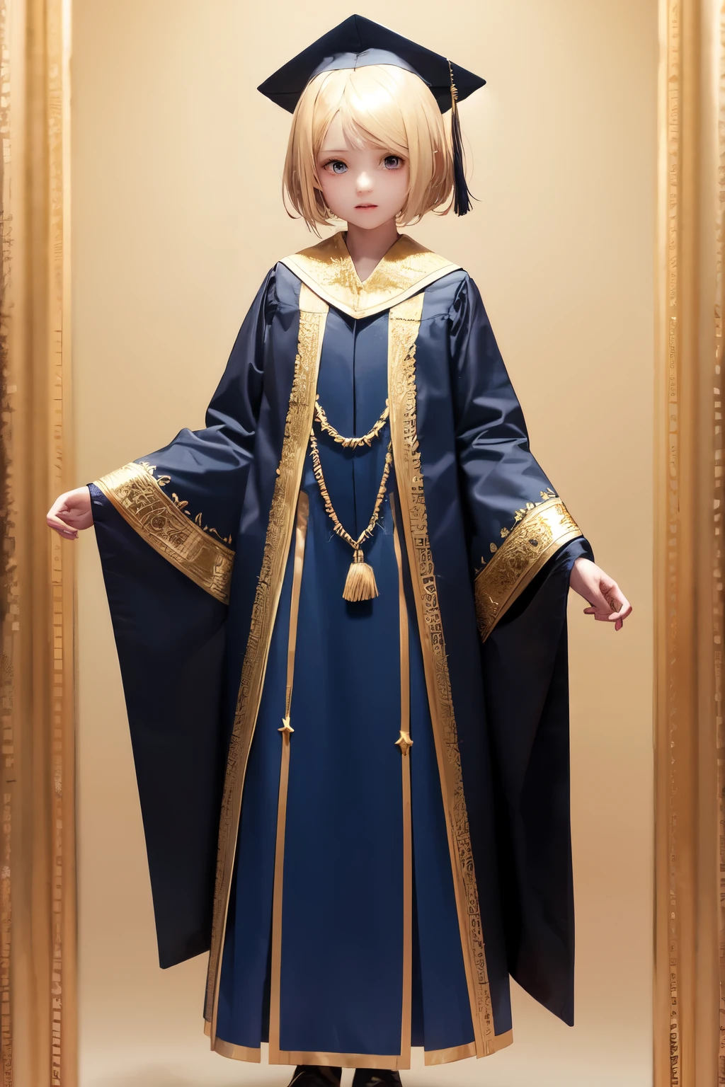 full-body androgynous blond person wearing open-front blue graduation attire with lots of golden celestial star embroidery lining the sleeves and gown