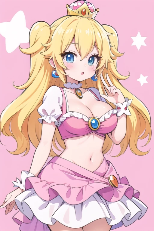 Une femme, 25 ans, mangas, cheveux longs, cheveux multicolores, details, cosplay princess peach, super mario, portant les habits de Mario