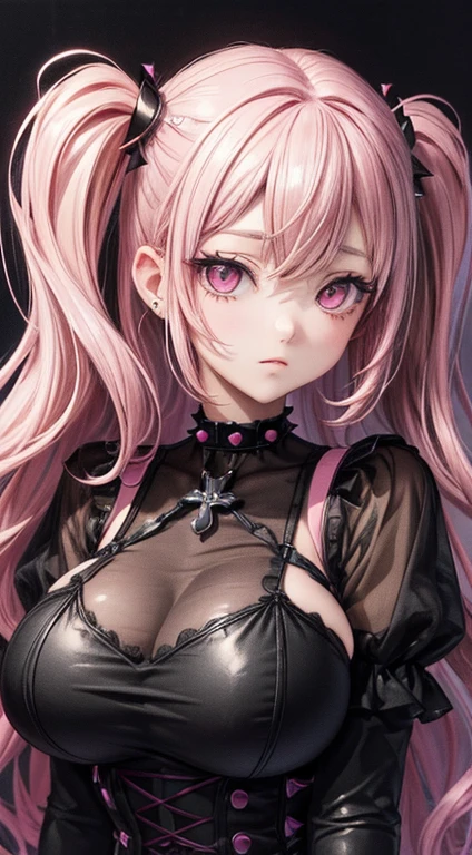 (highest quality, masterpiece, Very detailed, 32k:1.2), Simple lines, Anime Style, Pastel Goth Punk Girl, Perfect body, ((Huge breasts)), Wide Hips, choker, chain, spike, Dark Background, Vibrant