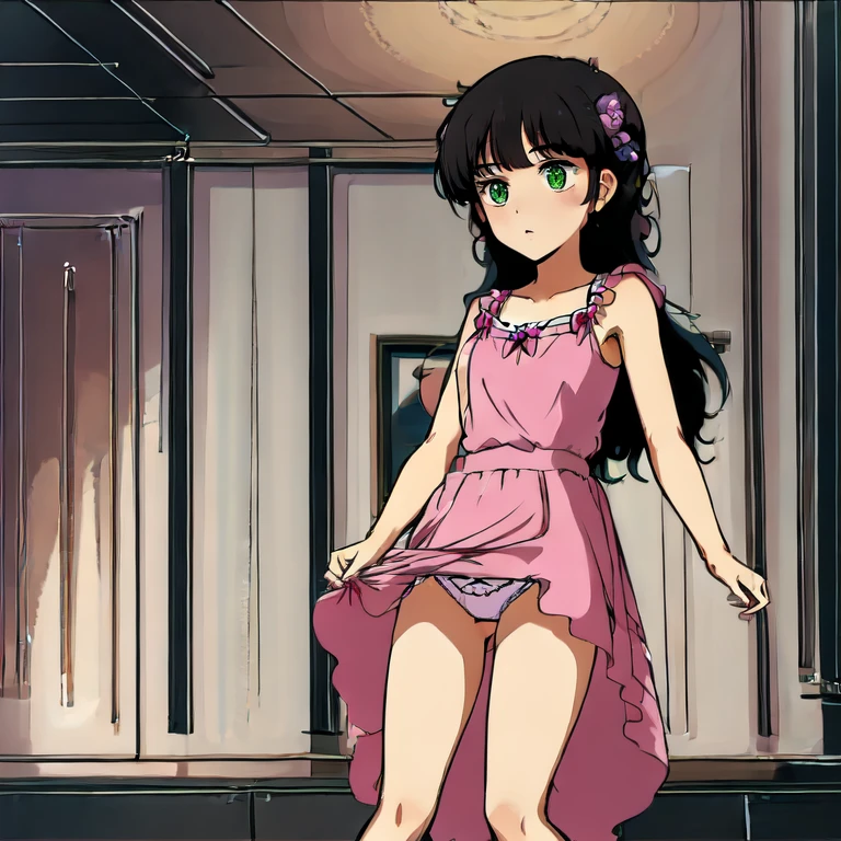 masterpiece,high quality,indoors,
leinaashta,1,
curly hair,black hair,hair ornament,bangs,green eyes,
long dress,rose floral ornament, from below, pink panties