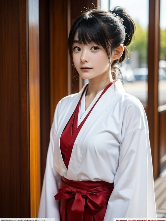 ((masterpiece)), (highest quality), Official Art, unity 8k wallpaper, Very detailed, One girl, alone, 17 years old, (Miko), (White kimono), (Red Hakama Skirt), shrine, Observe the audience, Upper Body,