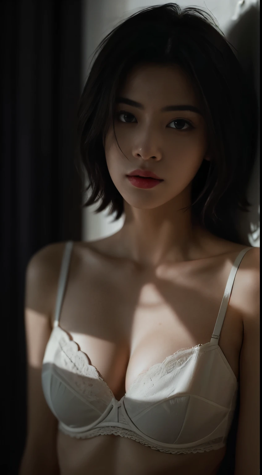 Best quality, masterpiece, ultra high res, (photorealistic:1.5), raw photo, 1girl, offshoulder, in the dark, deep shadow, low key, cold light, sexy look, short hair, bra strap