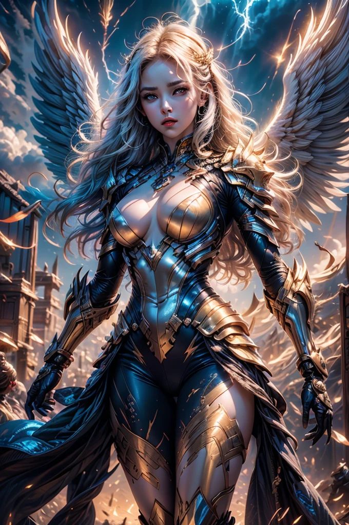 glorious victory scene,vivid colors,beautiful vintage warrior female angel,very big white open wings,beautiful angry face,curly long hair,face to face with observer,white armor with gold embroid details, dynamic angle, storm sky and lightning clouds background