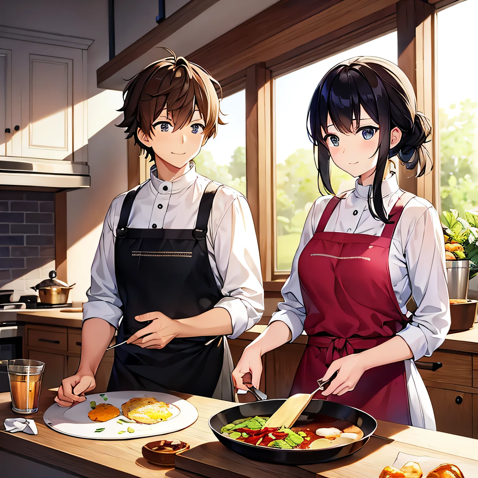 Draw a logo for "The Cooking Duo Chronicles" with the following elements:

A delightful and appetizing scene, showcasing two chefs in an anime artstyle, working in harmony at a pristine and well-lit kitchen counter. The words "Cooking Duo Chronicles" written above them in elegant and playful script, evoking a sense of friendship and culinary adventure. The chefs wear vintage aprons adorned with intricate embroidery, and they wield their utensils with masterful skill. The background suggests a warm and inviting kitchen with ample natural light and vibrant, fresh ingredients scattered about. The logo exudes a very delicate and beautiful