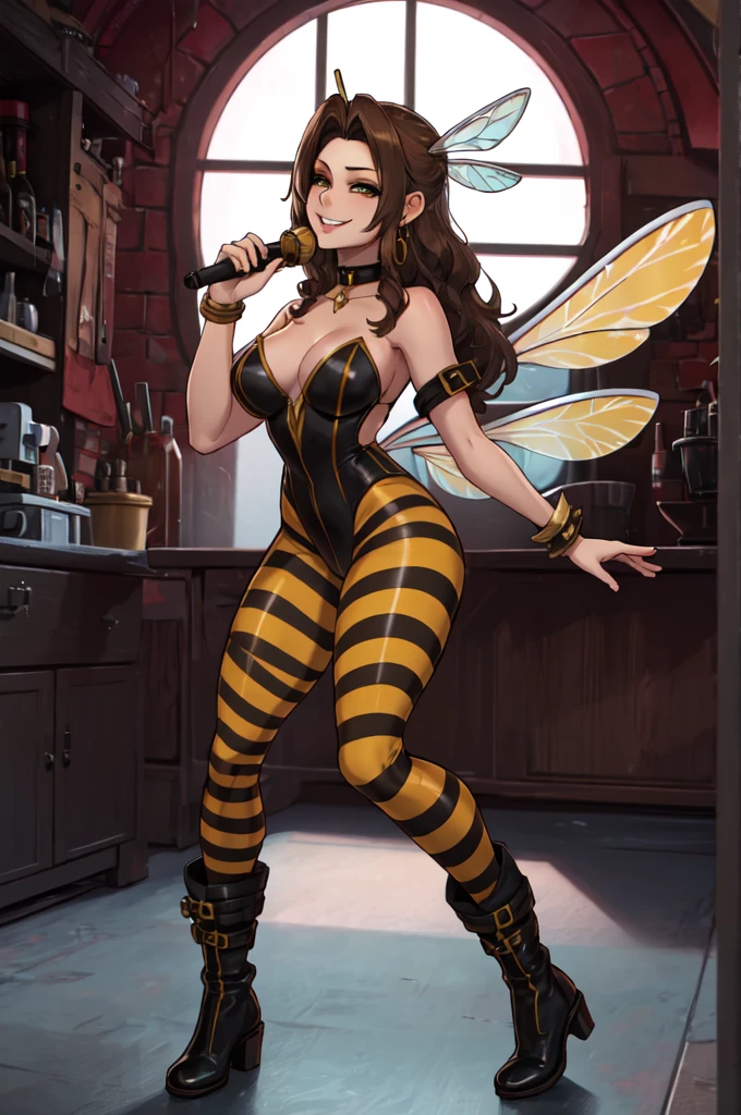 sfw, cartoon, aerith gainsborough reimagined as a horny girl in honeybee costume frome final fantasy 7, full body, (masterpiece, best quality), beautiful face, (22yr old, beautiful girl, solo:1.1),brown_hair ,long_hair, pixiv, evil smile, sadistic, erotic lips, seductive eyes, drooping eyes, provocative expression, smirks, squint, enraptured, fascinated, scornful laughter, aroused, lovely, naughty face, half closed eyes, fearless smile, crazy smile,toned female, glamorous perfect female proportion, wide hips, extremely shiny, reflecting light, awesome metallic surface texture, cute, akiba, anime face, moe, yellow and black striped hair, wasp ornament, Yellow and black striped boots, wasp transparent wings, bee Transparent wings, wasp antennae, wasp printed, Honeycomb printed, poison needle, yellow and black striped fur, spike choker, earrings, best quality, amazing quality, very aesthetic,