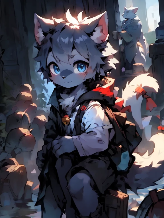 youth,Beast,Gray and blue fur all over the body ,Blue Eyes,Cat ears,Big furry tail, Masterpiece, high resolution,Detailed background,high quality,White shirt,Blue coat,Grey shorts,Red pattern,Bell