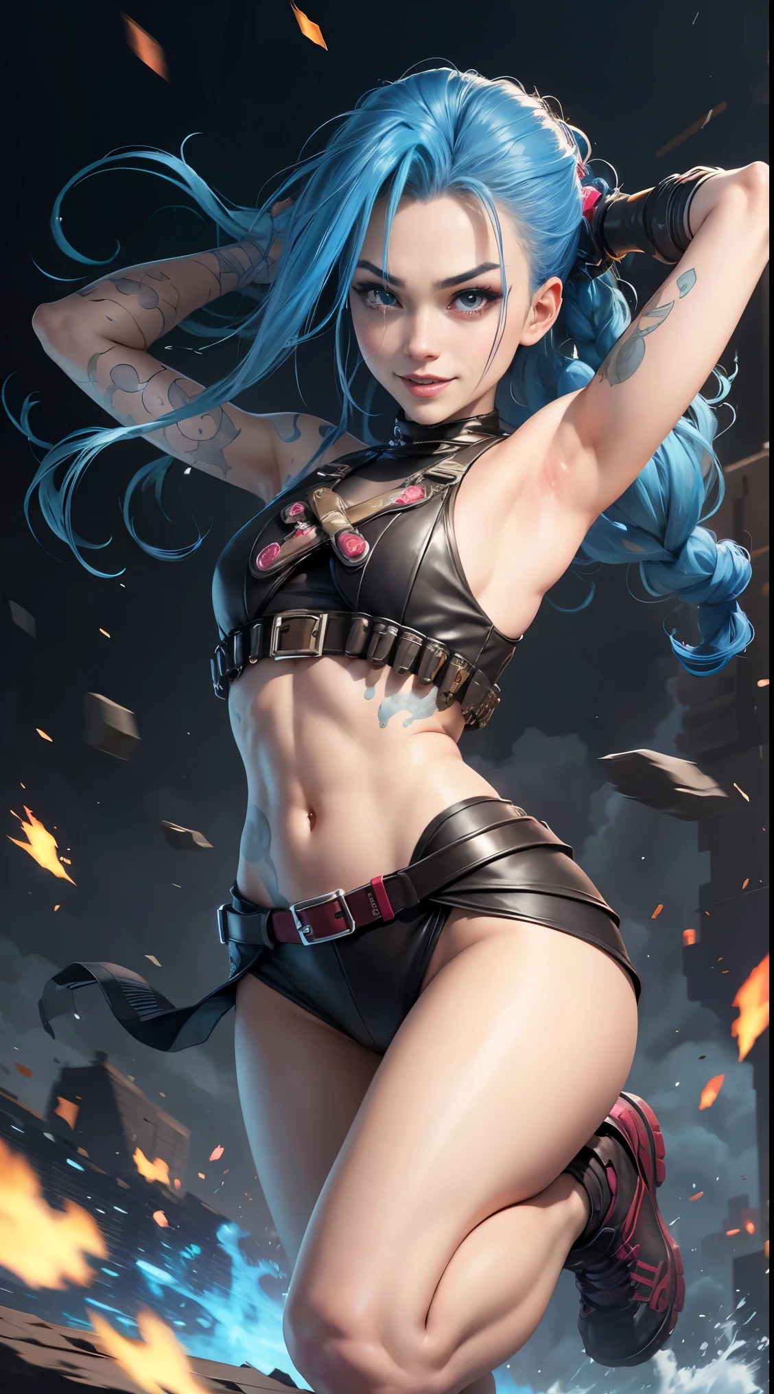 jinx, arcane, Crazy, Close-up photos、Inappropriate smile、Jojo Standing、Turn your back to the camera、only face、despise、Toes、unclear、Heavy equipment、bulletproof vest、raise arms、Dynamism、Perspective、odd eye、Windstorm、Feeling of sprinting、Dull hair、Red pattern、A sexy、glamor