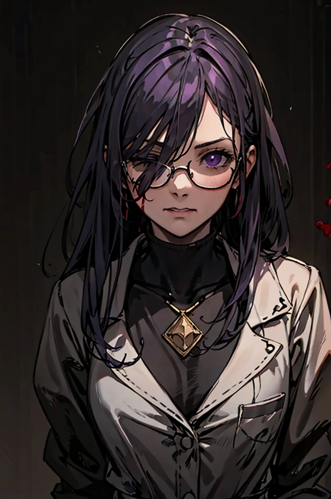 Scientist woman, Glasses covering the eyes, Bloody, strict, Black background, Impressive lighting, Blood, Horror, Broken glasses, Dull grey-purple hair, bust, white, Opaque glasses, Background figure
