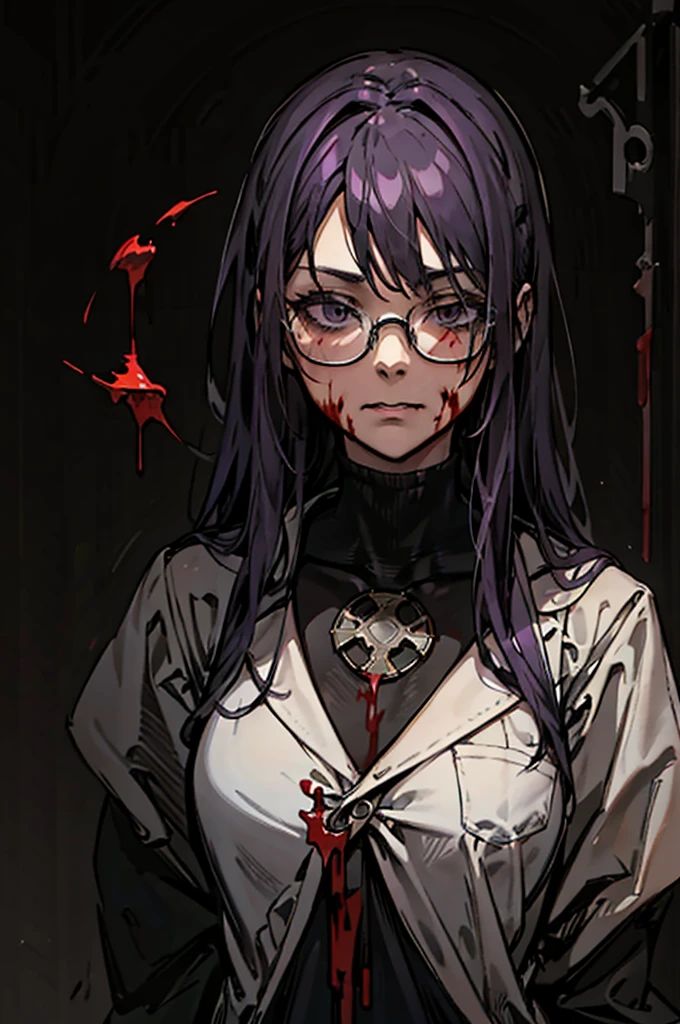 Scientist woman, Glasses covering the eyes, Bloody, strict, Black background, Impressive lighting, Blood, Horror, Broken glasses, Dull grey-purple hair, bust, white, Opaque glasses, Background figure