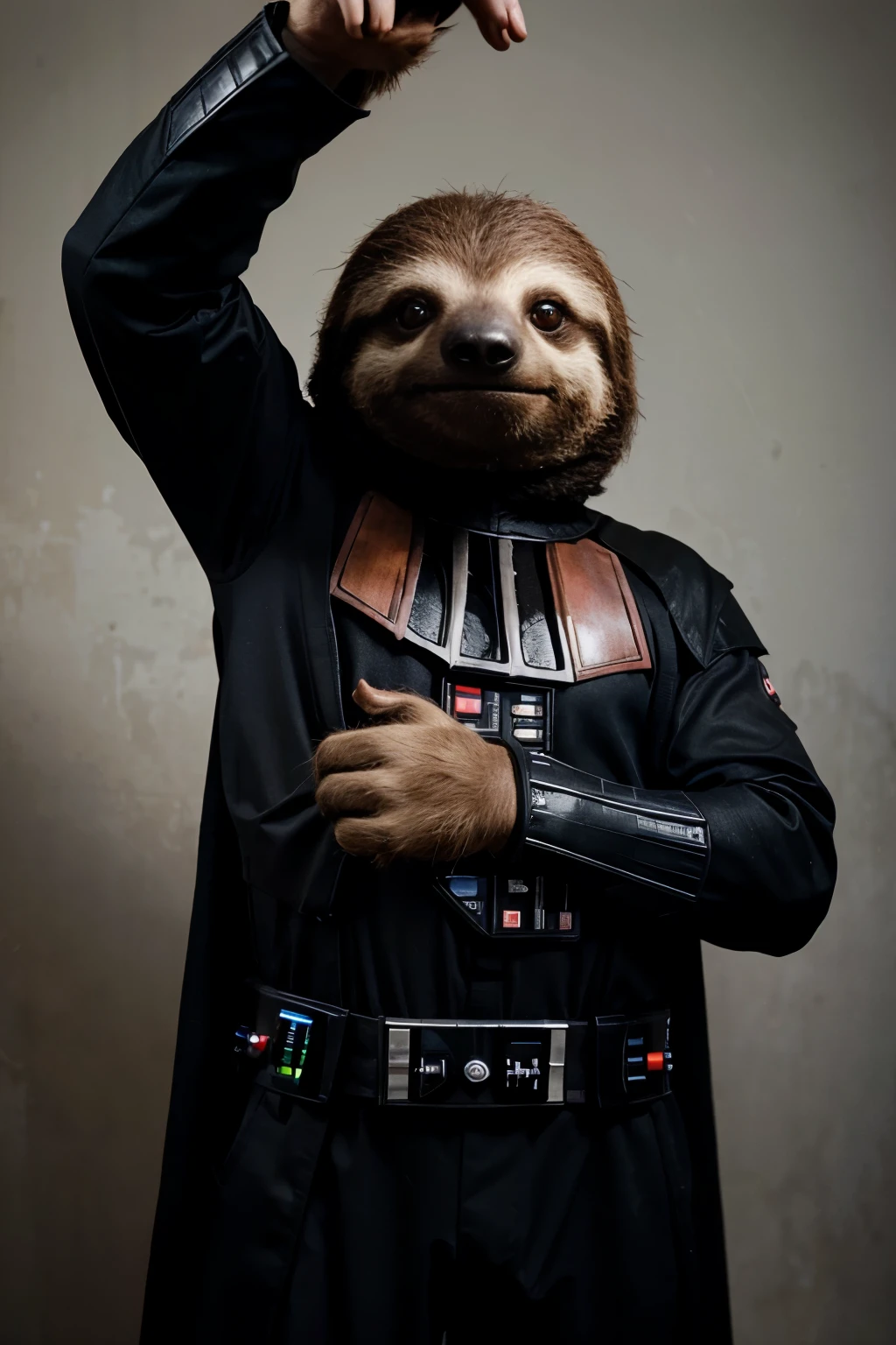 a hyper realistic sloth wearing a darth vader costume, animal sloth extending one arm to the front, reaching hand to the camara