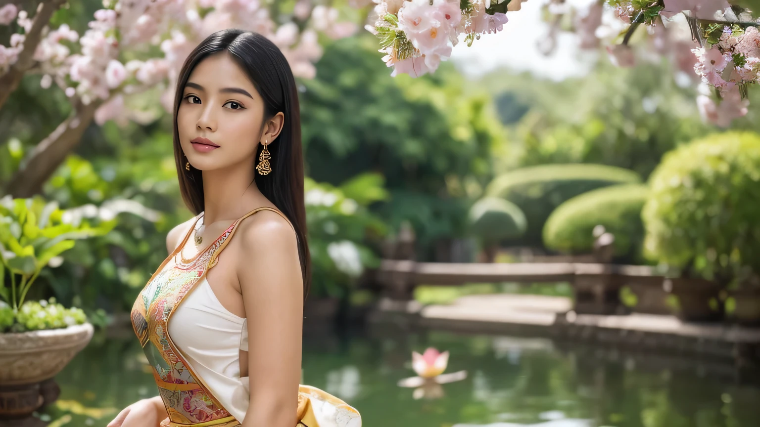 (best quality,4k,8k,highres,masterpiece:1.2),ultra-detailed,(realistic,photorealistic,photo-realistic:1.37),beautiful Thai girl, vibrant and expressive eyes, luscious lips, silky black hair cascading down her shoulders, flawless olive skin complexion, slender figure with graceful curves, youthful charm exuding from her 18-year-old features, dressed in a traditional Thai costume, adorned with intricate embroidery and vibrant colors, exuding elegance and cultural richness, standing in a picturesque garden with blooming flowers and lush greenery, basking in the warm sunlight that highlights her natural beauty, delicate lotus flowers floating in a tranquil pond nearby, adding a touch of serenity to the scene, capturing the essence of Thai culture and gracefulness, inviting viewers to immerse themselves in the rich tapestry of Thai traditions and the allure of a young woman's captivating presence.