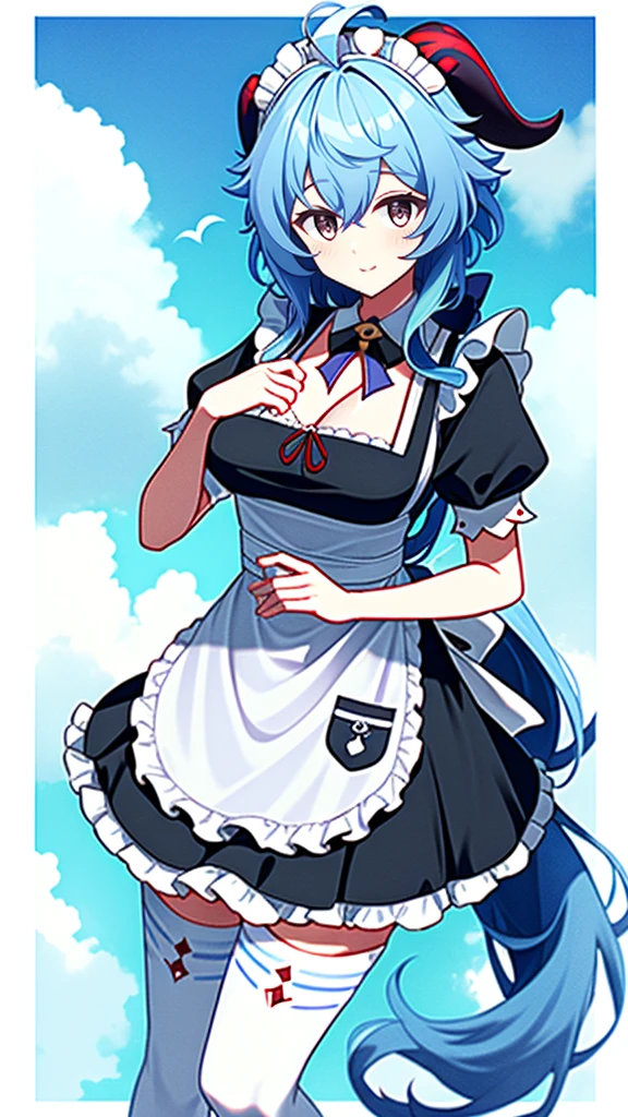 1 girl, solo, Ganyu (Genshin), breasts, horns, maid, long hair, thigh-high socks, blue hair, ahoge, looking at viewer, white stockings, holding, blush, maid headdress, apron, alternative costume, frills, cleavage, enmaid, bangs, dress, short sleeves, absolute area, black dress, purple eyes, medium breasts, goat horns, frilly dress, very long hair, standing Puffy sleeves, closed mouth, maid apron, side locks, white apron, cowboy shot, puffy short sleeves, red eyes, frilly apron, hair between the eyes, (colorful cloud background blur)1.2, fluffy, soft , ((highest quality)), ( Extremely detailed, Best details, Official Art, Beauty and aesthetics: 1.2), Depth of written border, composition,