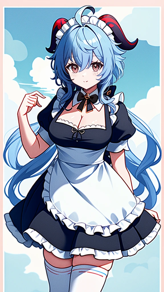 1 girl, solo, Ganyu (Genshin), breasts, horns, maid, long hair, thigh-high socks, blue hair, ahoge, looking at viewer, white stockings, holding, blush, maid headdress, apron, alternative costume, frills, cleavage, enmaid, bangs, dress, short sleeves, absolute area, black dress, purple eyes, medium breasts, goat horns, frilly dress, very long hair, standing Puffy sleeves, closed mouth, maid apron, side locks, white apron, cowboy shot, puffy short sleeves, red eyes, frilly apron, hair between the eyes, (colorful cloud background blur)1.2, fluffy, soft , ((highest quality)), ( Extremely detailed, Best details, Official Art, Beauty and aesthetics: 1.2), Depth of written border, composition, 