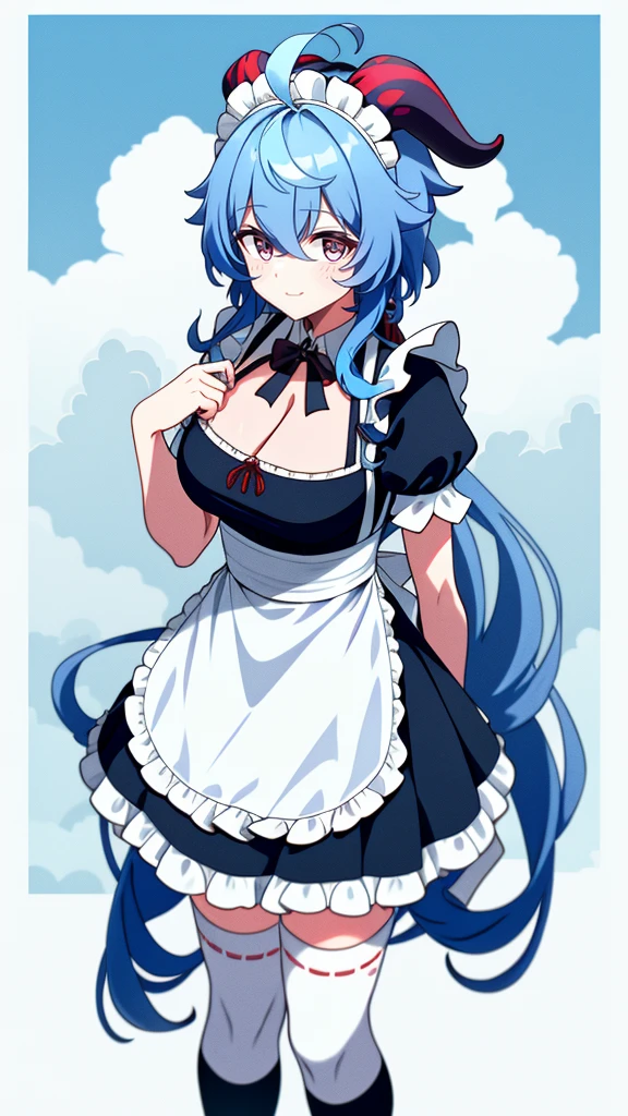 1 girl, solo, Ganyu (Genshin), breasts, horns, maid, long hair, thigh-high socks, blue hair, ahoge, looking at viewer, white stockings, holding, blush, maid headdress, apron, alternative costume, frills, cleavage, enmaid, bangs, dress, short sleeves, absolute area, black dress, purple eyes, medium breasts, goat horns, frilly dress, very long hair, standing Puffy sleeves, closed mouth, maid apron, side locks, white apron, cowboy shot, puffy short sleeves, red eyes, frilly apron, hair between the eyes, (colorful cloud background blur)1.2, fluffy, soft , ((highest quality)), ( Extremely detailed, Best details, Official Art, Beauty and aesthetics: 1.2), Depth of written border, composition, 