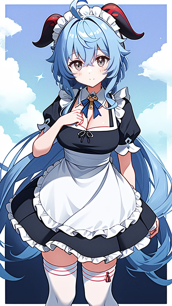 1 girl, solo, Ganyu (Genshin), breasts, horns, maid, long hair, thigh-high socks, blue hair, ahoge, looking at viewer, white stockings, holding, blush, maid headdress, apron, alternative costume, frills, cleavage, enmaid, bangs, dress, short sleeves, absolute area, black dress, purple eyes, medium breasts, goat horns, frilly dress, very long hair, standing Puffy sleeves, closed mouth, maid apron, side locks, white apron, cowboy shot, puffy short sleeves, red eyes, frilly apron, hair between the eyes, (colorful cloud background blur)1.2, fluffy, soft , ((highest quality)), ( Extremely detailed, Best details, Official Art, Beauty and aesthetics: 1.2), Depth of written border, composition,