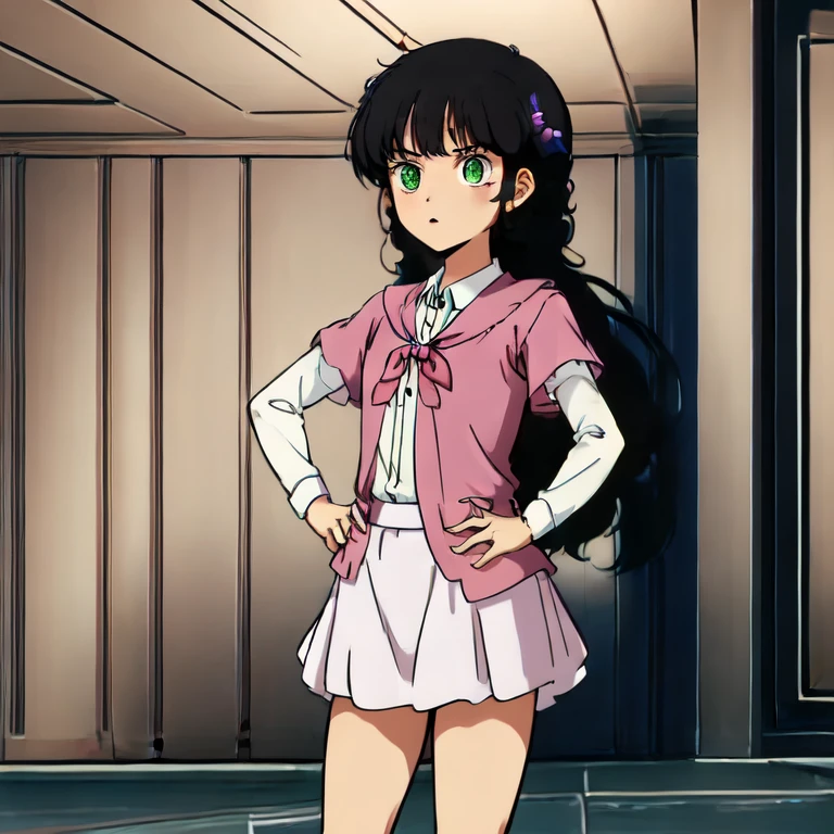 masterpiece,high quality,indoors,
leinaashta,1girl,
curly hair,black hair,hair ornament,bangs,green eyes,
shirt,pink jacket,long sleeves,layered sleeves,short sleeves,
white skirt,miniskirt,
hands on the hips,get angry, from below