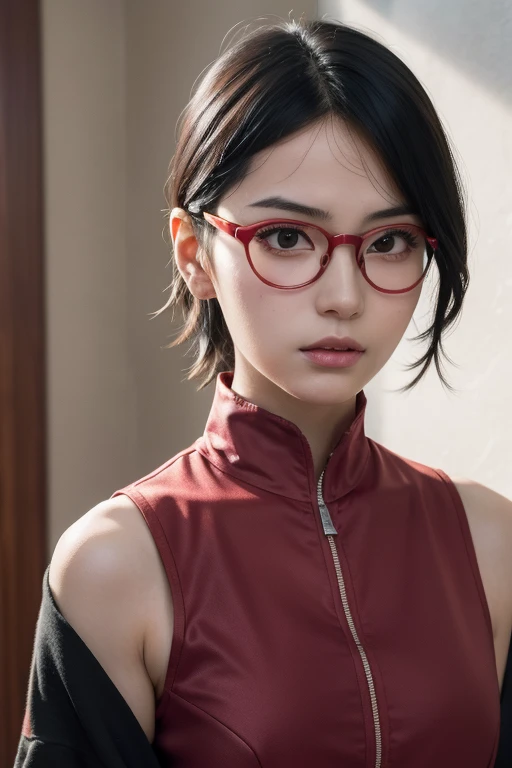 (highres,masterpiece:1.2),ultra-detailed,realistic,professional,beautiful detailed eyes,beautiful detailed lips,dark hair,short black hair,red glasses,stunning black eyes,clear skin,18-year-old girl,fashionable short hairstyle,vibrant red glasses,Shinobi Academy,fierce determination,confident posture,crimson outfit,intense gaze,background filled with ninjutsu techniques,shadows cleverly accentuating her features,subtle studio lighting,sublime realism,striking color tones