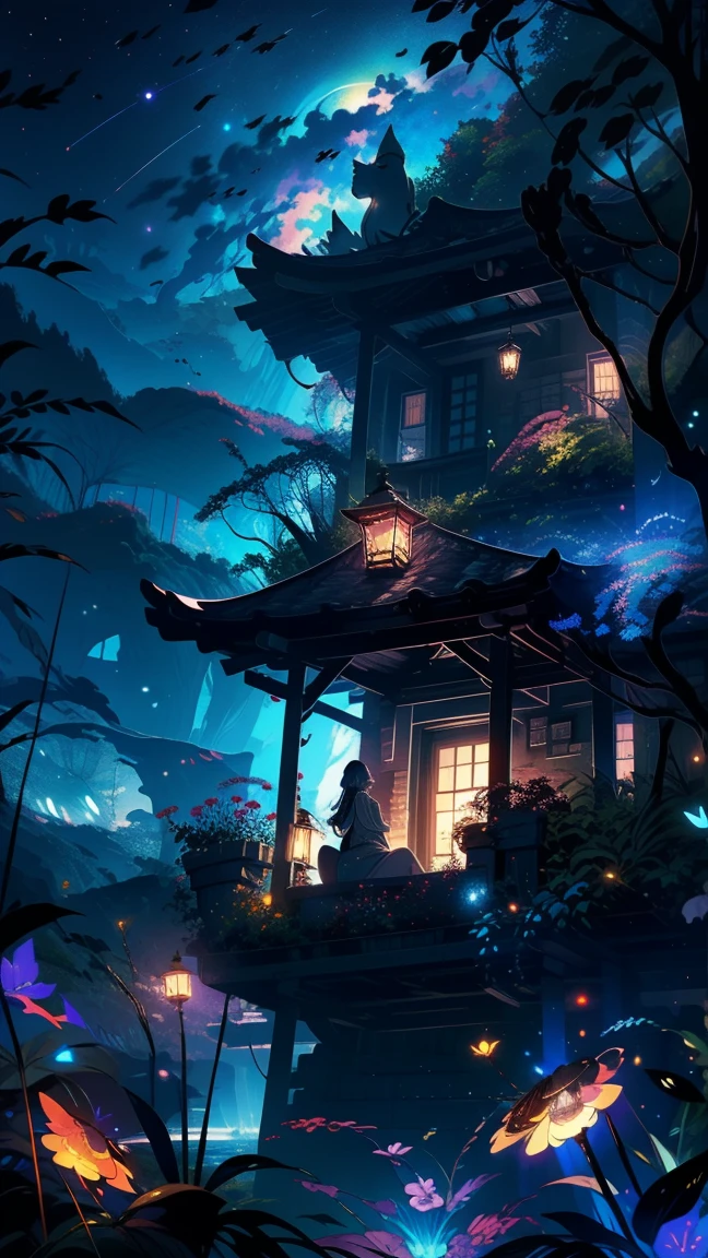masterpiece, gorgeous, landscape, (((no_humans))), night, flowers, garden, starry sky, constelations, stunning, view, water, warm, cozy, peaceful, meteor, cosmic, magic, magicle, particles, faires, ((fireflies))