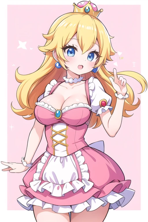 Une femme, 25 ans, mangas, cheveux longs, cheveux multicolores, details, cosplay princess peach, super mario, dressed in Mario's clothes, super mario cosplay, salopette, tshirt rouge