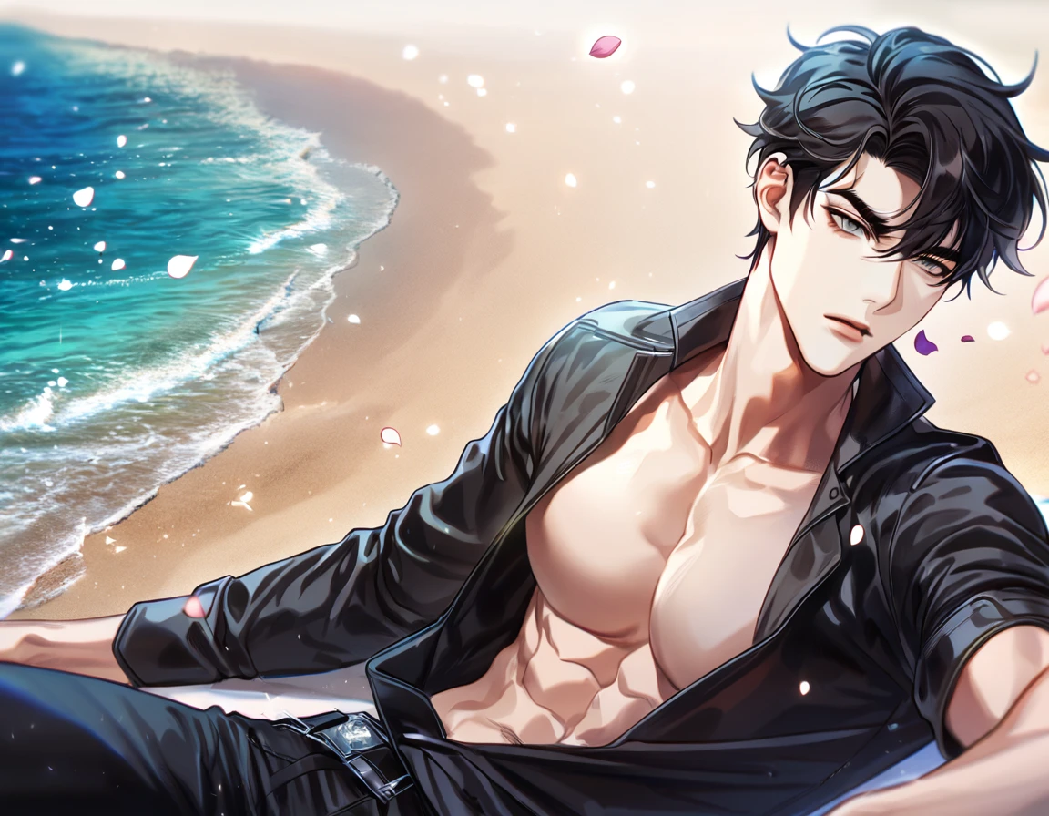(absurdres, highres, ultra detailed, HDR) master piece, best quality, perfect face, delicated features, Yoo Joonghyuk, black hair, expressive gray eyes, Omniscient reader's viewpoint, solo, sexy man, handsome, toned chest, pirate clothes, black hat, sea, beach, pirate