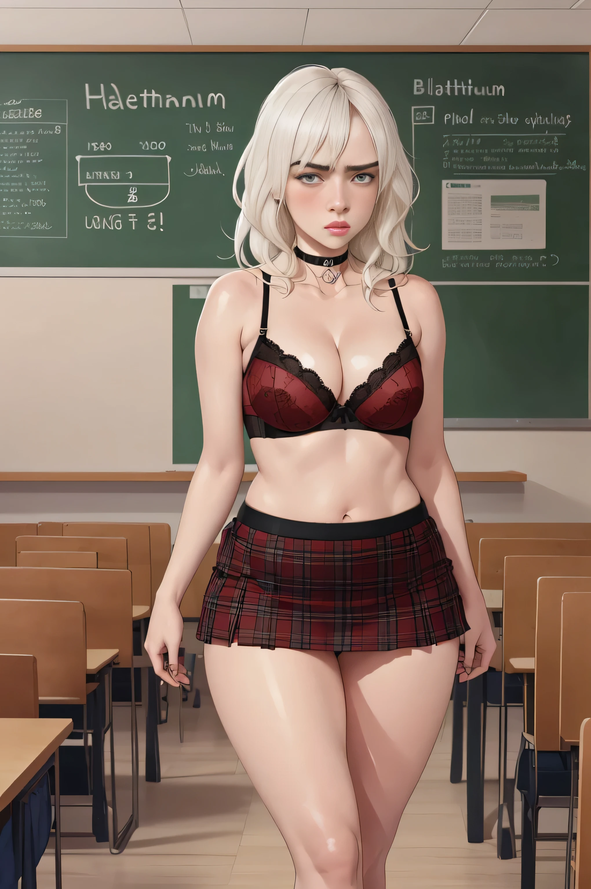 Billie Eilish, masterpiece quality, (masterpiece quality:1.3), high res, realistic, lots of detail, alone, 1girl, (1girl:1.9), solo, in a college classroom, in a classroom, college students in background, chalkboard in background, long hair, platinum hair, (platinum hair:1.5), wearing choker collar, wearing black lace bra, wearing red plaid skirt, (miniskirt:1.5), bare legs, (bare legs:1.5), thin body, small breasts, (small breasts:1.5), lots of cleavage, worried, (worried face:1.5),