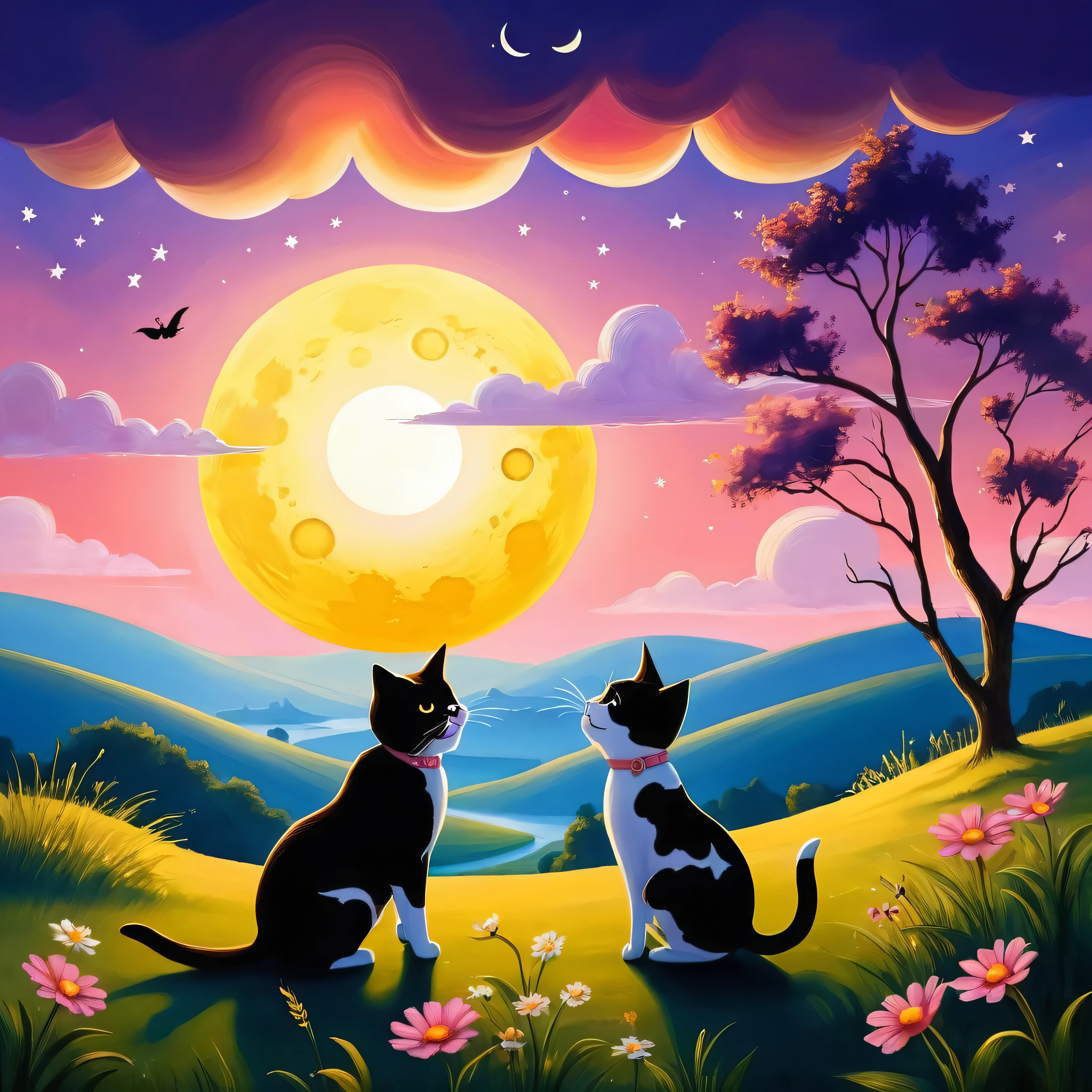 sunset,ultra high-definition, Ultra sharp Epic best quality, 32K, xt3, 64k, ultra high-resolution, max top masterpiece:1.2, ultra-detailed, ultra realistic:1.37, cat & dog landscape, warm colors, golden hour, peaceful, serene, gentle breeze, calm sea, ripples on the water, pink sky, majestic clouds, silhouettes of trees, tranquil atmosphere, endless horizon, reflecting sun rays, relaxing view, harmony of colors, aperture, bokeh, dreamlike, sun setting behind the mountains, sublime, ethereal, magical moment, fleeting beauty, everlasting memories, Realistic yodeling : Hey diddle diddle, The cat and the fiddle, The cow jumped over the moon; The little dog laughed To see such sport, And the dish ran away with the spoon. They be at hand Sir with stick and fiddle; They can play a new dance called hey-diddle-diddle. But since you think't an easy thing To mount above the moon, Of your own fiddle take a spring And dance when you have done. Hey diddle diddle, The Cat and the Fiddle, The Cow jump'd over the Moon, The little dog laugh'd to see such Craft, And the Fork ran away with the Spoon. Hey diddle diddle, The cat and the fiddle, The cow jumped over the moon; The little dog laughed To see such sport, And the dish ran away with the spoon. They be at hand Sir with stick and fiddle; They can play a new dance called hey-diddle-diddle. But since you think't an easy thing To mount above the moon, Of your own fiddle take a spring And dance when you have done. Hey diddle diddle, The Cat and the Fiddle, The Cow jump'd over the Moon, The little dog laugh'd to see such Craft, And the Fork ran away with the Spoon. They be at hand Sir with stick and fiddle; They can play a new dance called hey-diddle-diddle. But since you think't an easy thing To mount above the moon, ultra high-definition, Ultra sharp Epic best quality, 32K, xt3, 64k, ultra high-resolution, max top masterpiece:1.2, ultra-detailed, ultra realistic:1.37, varies multi etc. --v 6 --s 1000 --c 20 --q 5 --chaos 100