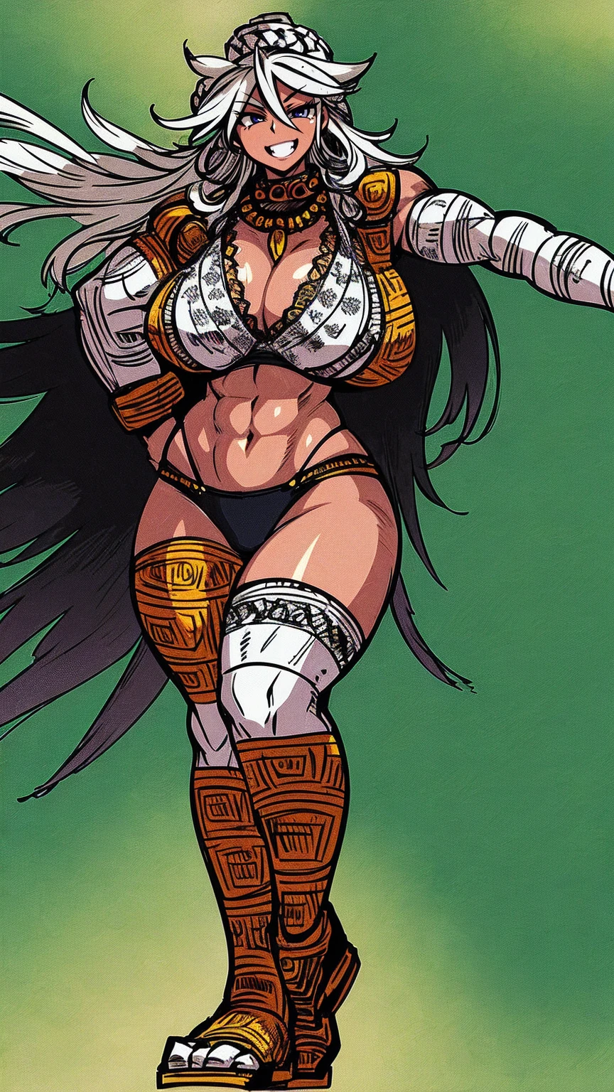 Ebony skinned female with white dreadlocks, thicc, wearing tribal warrior outfit