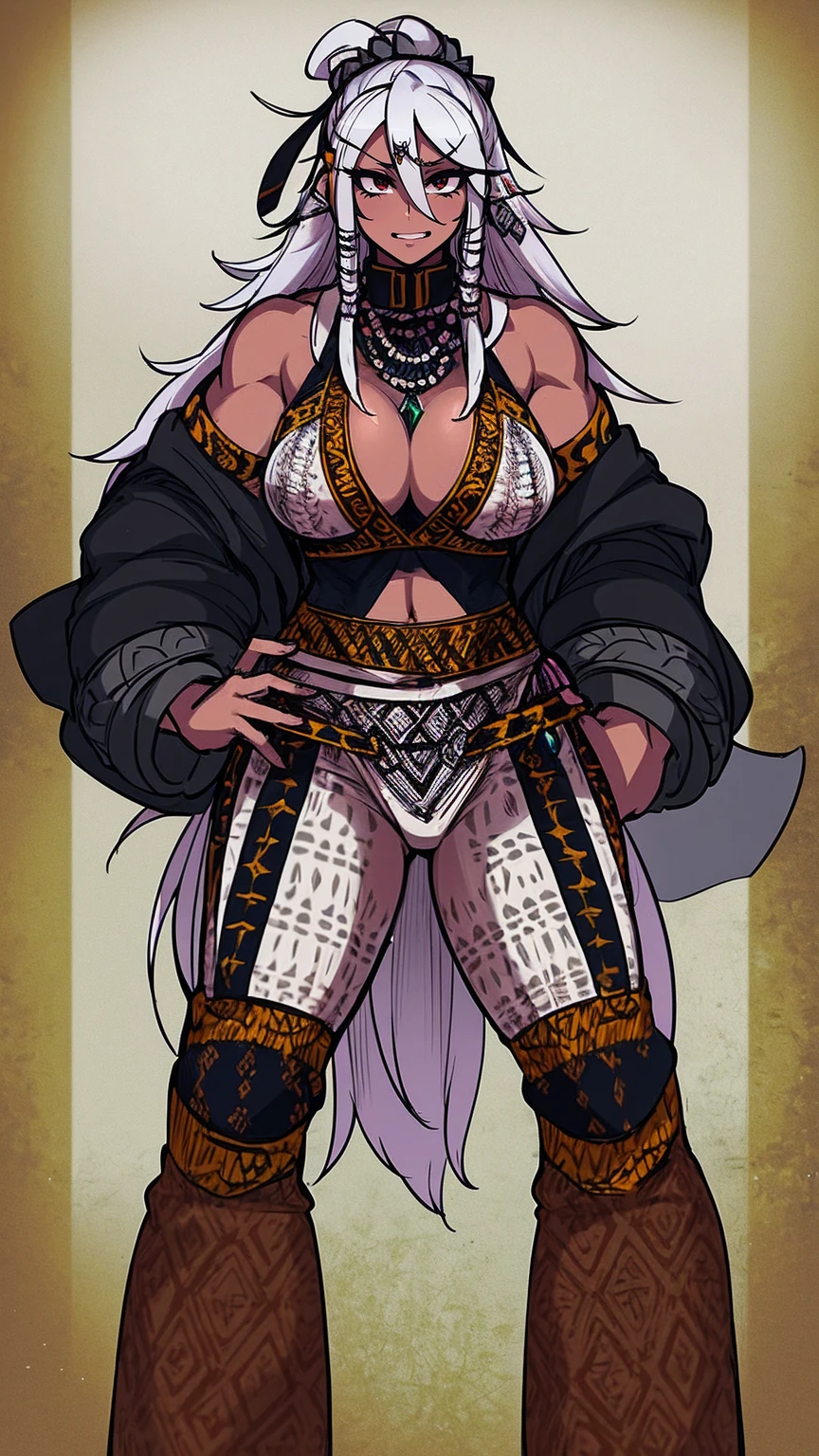 Ebony skinned female with white dreadlocks, thicc, wearing tribal warrior outfit