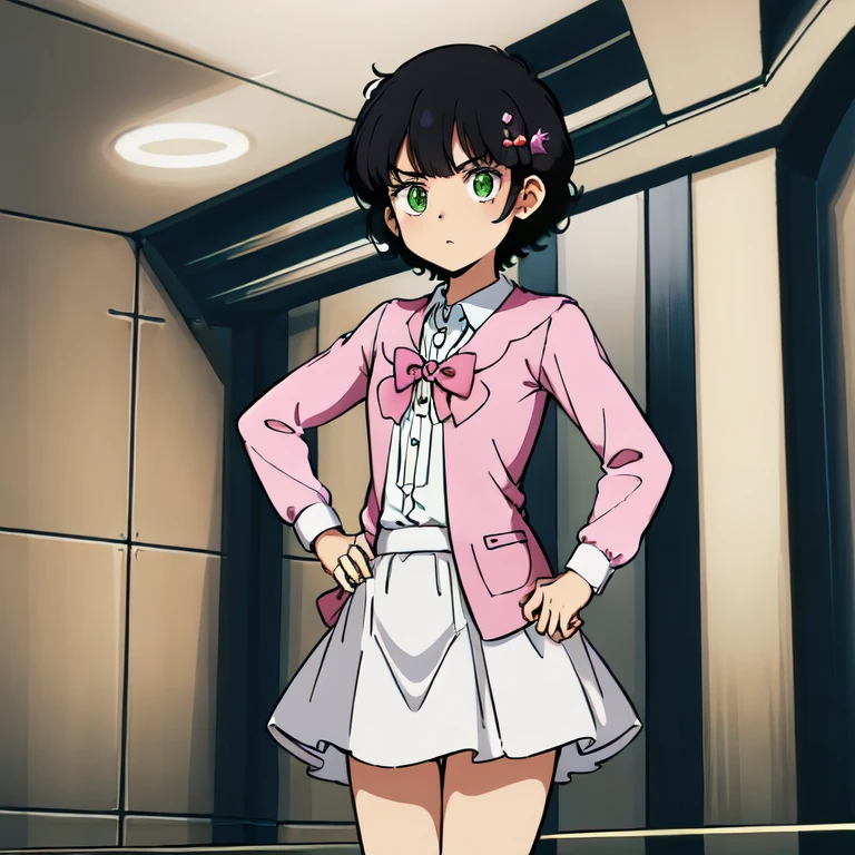 masterpiece,high quality,indoors,
leinaashta,1girl,
Short curly hair,black hair,hair ornament,bangs,green eyes,
shirt,pink jacket,long sleeves,layered sleeves,short sleeves,
white skirt,miniskirt,
hands on the hips,get angry, from below