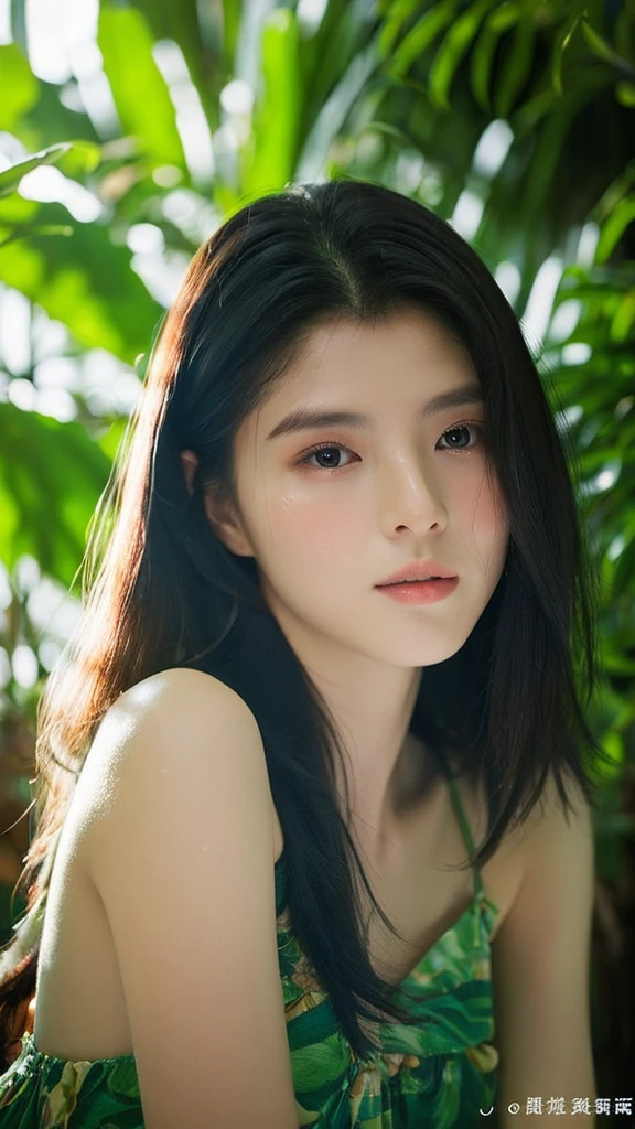 (top-quality、​masterpiece:1.2)、(Photorealsitic:1.2)、femele、Skin texture、Thin hair growth、Mare、Wet hair、Mysterious lighting、Tropical rainforest