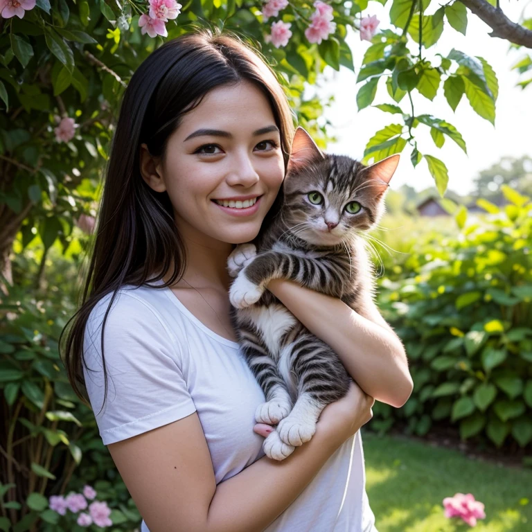 An enchanting scene featuring a young girl named Lily cradling a small, lost kitten in her arms. They stand in a cozy backyard surrounded by vibrant flowers and lush greenery, with a warm glow emanating from a nearby cottage. Lily's face is filled with compassion and determination, while the kitten's eyes sparkle with trust and gratitude. The image captures the heartwarming moment of their bond and the hope of reunion with the kitten's family.