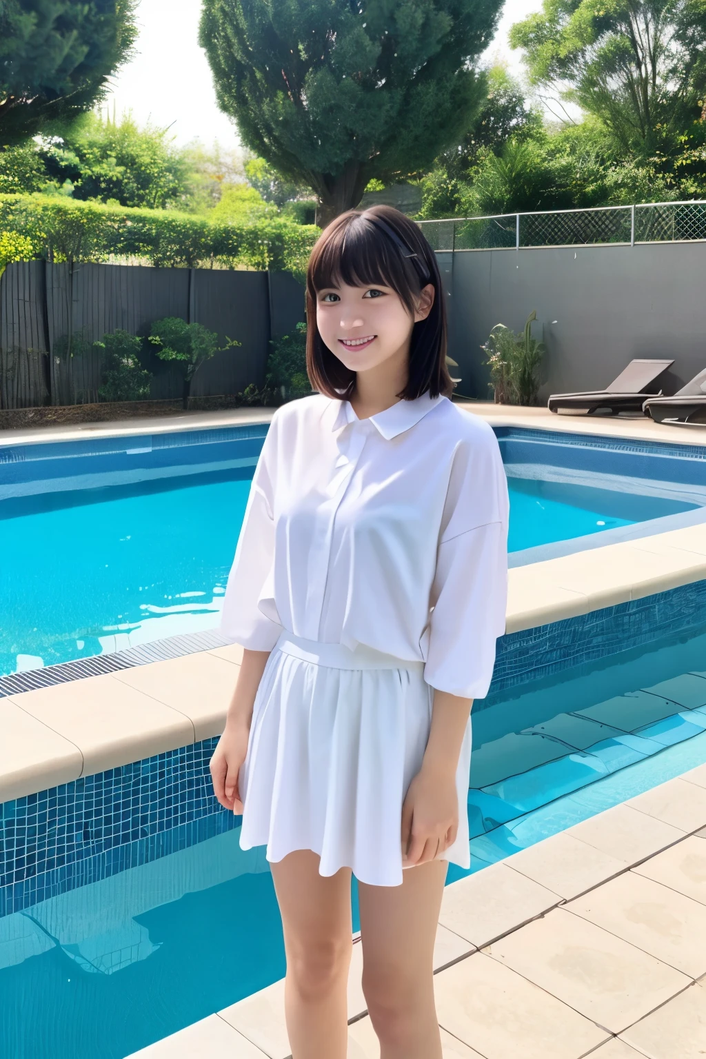 Girl By the Pool,With white border,18-year-old,bangs,A small smile,Standing posture、whole body