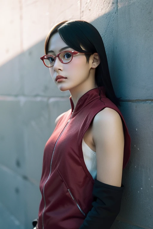 (highres,masterpiece:1.2),ultra-detailed,realistic,professional,beautiful detailed eyes,beautiful detailed lips,dark hair,short black hair,red glasses,stunning black eyes,clear skin,18-year-old girl,fashionable short hairstyle,vibrant red glasses,Shinobi Academy,fierce determination,confident posture,crimson outfit,intense gaze,background filled with ninjutsu techniques,shadows cleverly accentuating her features,subtle studio lighting,sublime realism,striking color tones